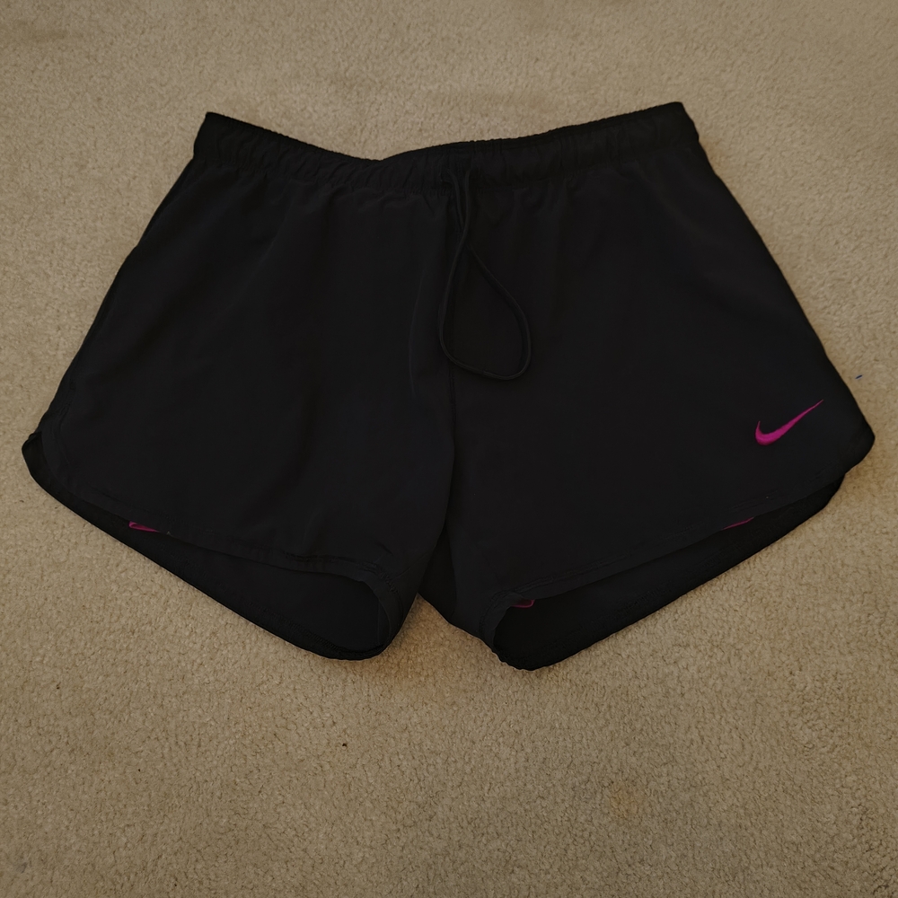 Nike Women's Black Athletic Shorts with Pink Logo
